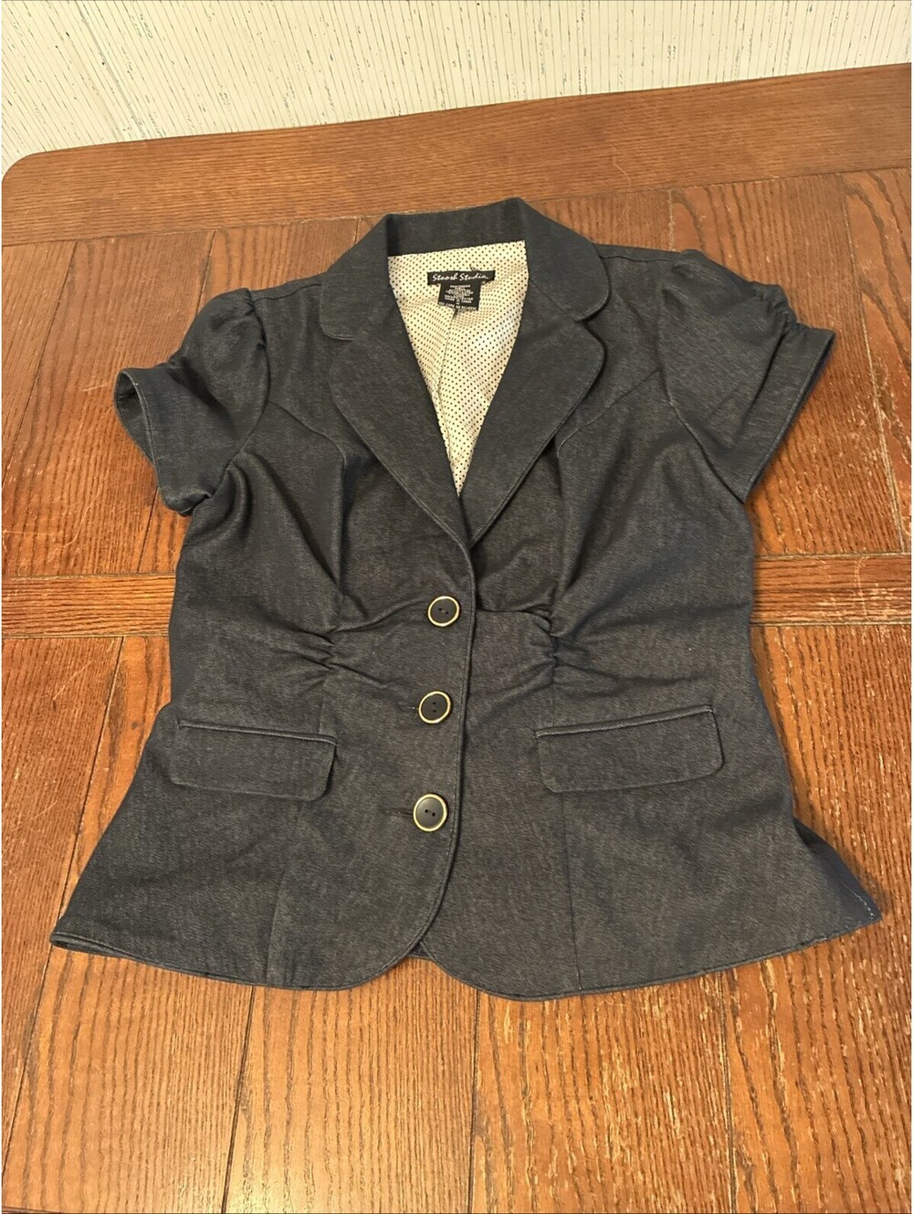 Stoosh Studio Denim Blazer Women’s M Short Sleeve Polka Dot Lining Y2K